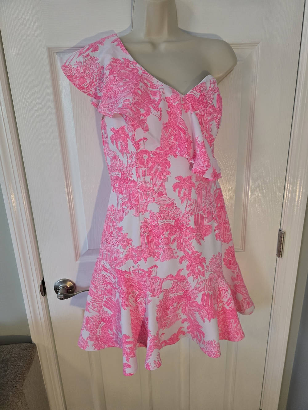 Lilly Pulitzer Pink & White One-Shoulder Ruffle Romper